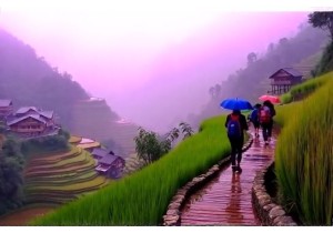 Cross Rice Terraces on Footpaths in Longji Village