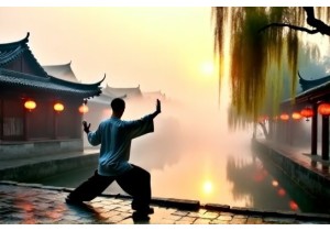 Practice Tai Chi at Dawn in a Serene Ancient Town China