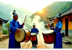 Drum With She Minority Musicians in Fujian Mountain Cerem...