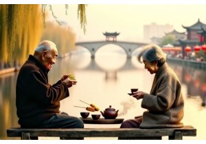 Daily Life in China: Elderly Couples at Riverside Benches